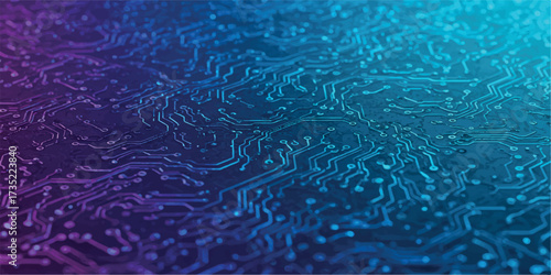 Closeup of a blue and purple circuit board with intricate pathways, representing technology and data flow