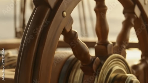 Close up of a hand turning a wooden ships wheel on a boat.