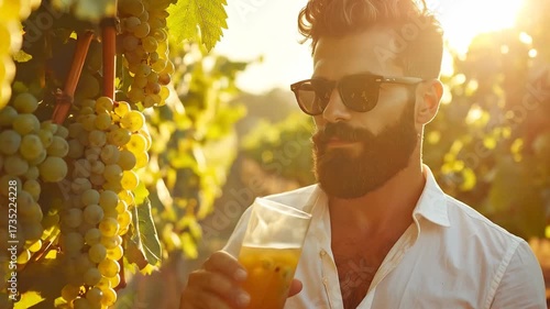 Man enjoying beverage amidst grape vines in sunlit vineyard landscape setting