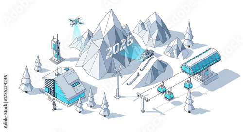 Futuristic ski resort with drone and year 2026 displayed on mountain