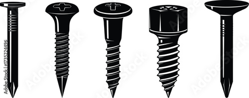 Nail and screw vector set different types of fasteners for construction, repair, and wood working projects