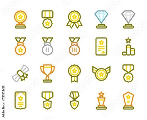 Set of Rewards, Medals, Charter, and Emblem Icon with Colored Outline Icon Style