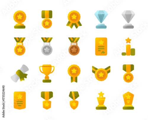 Collection of Achievements, Medals, Charter and Badge Icon with Gradient Style