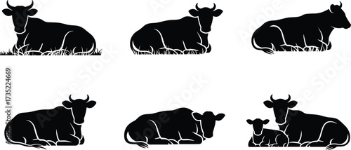 Cow silhouette, lying cattle, farm animal vector, peaceful livestock, calf resting, black shape, rural icon, grazing cow, cad drawing, flat vector illustration