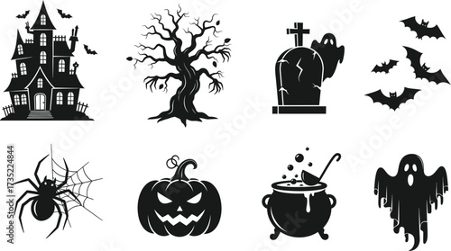Collection of halloween silhouettes featuring a haunted house, tree, tombstone, bats, spider, pumpkin, cauldron, and ghost