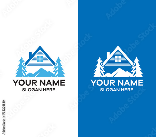 Mountain Cabin Logo with Pine Trees and Mountains