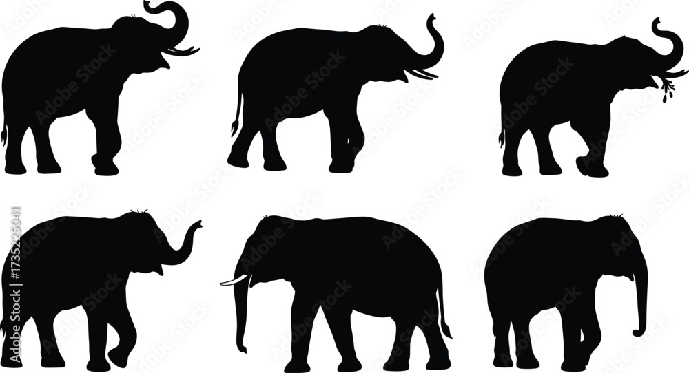 Naklejka premium Elephant silhouette vector set, wild animal poses, black flat icons, trunk raised, nature wildlife, CAD drawing flat vector illustration