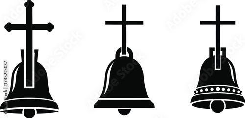 Three different designs of church bells with crosses top, perfect for religious events and celebrations