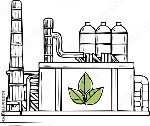 Illustration of a green energy factory with a leaf symbol, representing eco-friendly industrial production and renewable resources