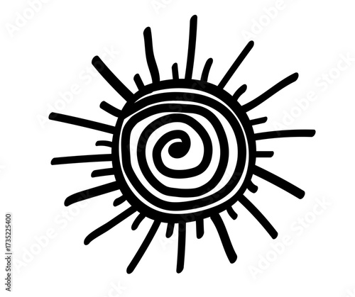 Hand drawn sun icon. Doodle children drawing. Vector illustration