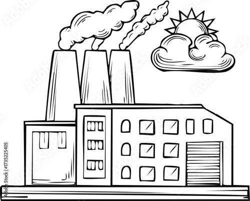 Sketch of an industrial plant with smoking chimneys, illustrating the concept of environmental pollution and energy production