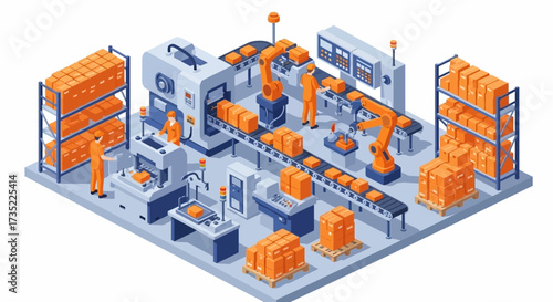 Isometric illustration factory floor machinery workers conveyor belts shelves boxes robotic arm control panels