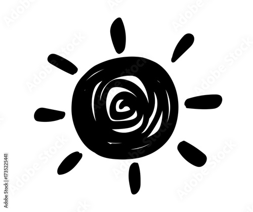 Hand drawn sun icon. Doodle children drawing. Vector illustration