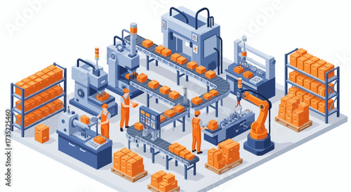 Isometric illustration factory floor machinery workers conveyor belts shelves boxes robotic arm control panels