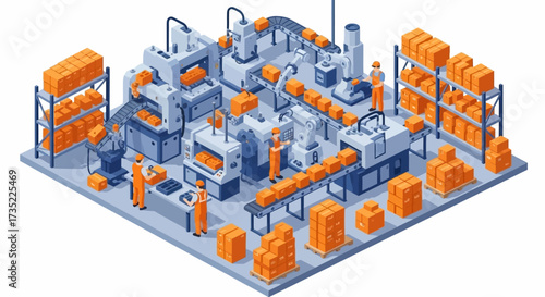 Isometric illustration factory floor machinery workers conveyor belts shelves boxes robotic arm control panels