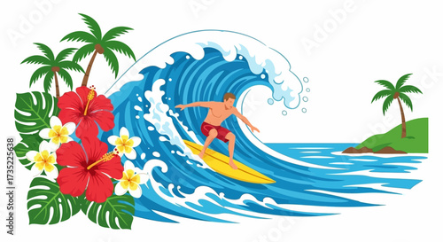 Surfer rides big wave amidst tropical foliage palm trees