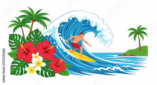 Surfer rides big wave amidst tropical foliage palm trees