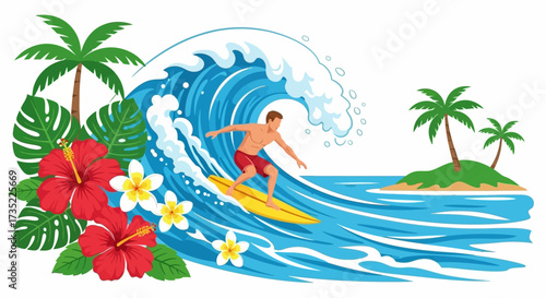 Surfer rides big wave amidst tropical foliage palm trees