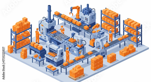 Isometric illustration factory floor machinery workers conveyor belts shelves boxes robotic arm control panels