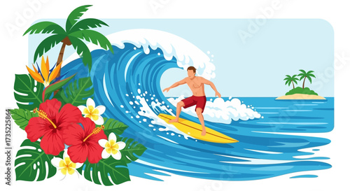 Surfer rides big wave amidst tropical foliage palm trees