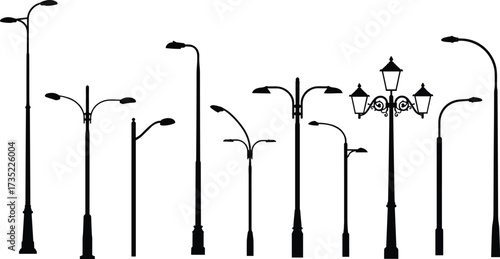 Street light silhouette collection, urban lamp post vector, modern streetlamp, vintage lantern, outdoor lighting design, city infrastructure, black illustration