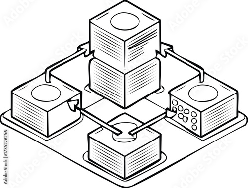 Conceptual line art diagram of a distributed network system showing data exchange and connectivity between a central hub and various nodes