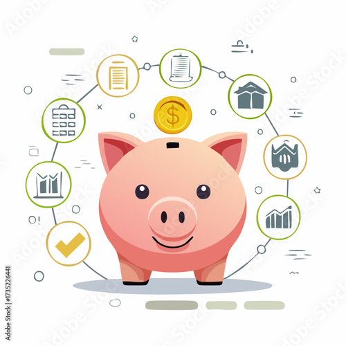 Illustration of a pink piggy bank with a gold coin, surrounded by icons representing financial planning and growth.