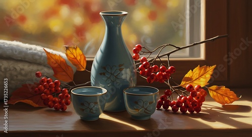 Autumn Serenity: Traditional Sake Set with Rowan Berries and Fall Foliage