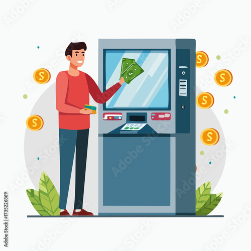A man stands at an ATM, holding cash and a credit card, with floating coins around him.