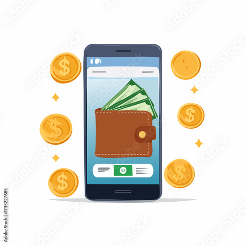 A smartphone displays a wallet filled with cash, surrounded by gold coins, illustrating online banking or mobile payments.