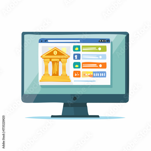 Computer monitor displaying a banking website with a classical building facade and various interactive elements.