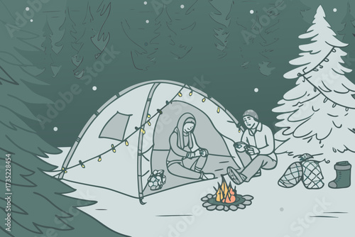 Cozy winter camping scene with a couple inside a tent illuminated by fairy lights and a campfire