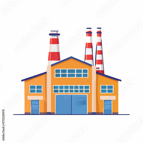 Illustration of a yellow industrial factory building with three red and white striped smokestacks against a white background.