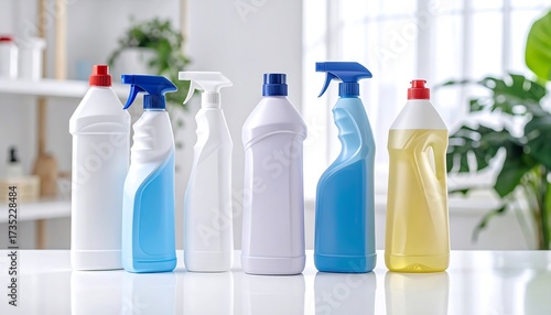 Row of cleaning supplies on a table