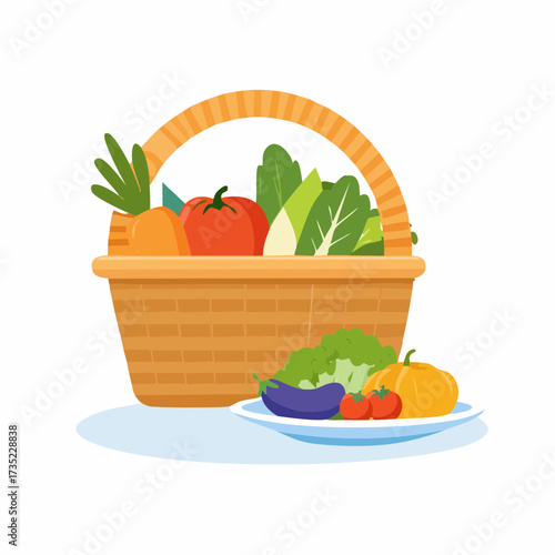 Wicker basket filled with fresh produce including lettuce, tomato, and carrot, with a plate of vegetables in front.