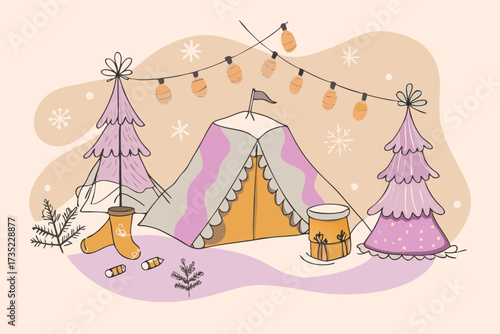 Cozy winter camping scene with a tent decorated christmas trees string lights and warm socks evoking holiday cheer and outdoor adventure