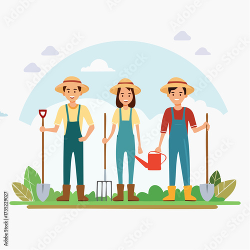 Three farmers, two men and one woman, stand in a field with gardening tools and a watering can.