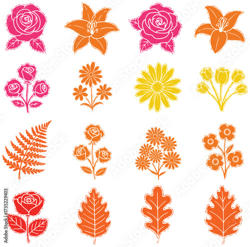 Vibrant floral and leaf assortment for autumn design projects and crafts usage