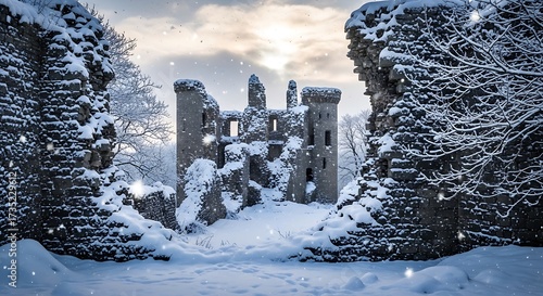 Winters Embrace - A Snowy Castle Ruin Landscape.