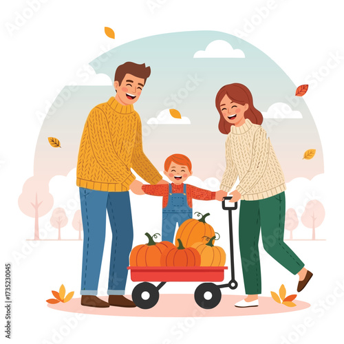 Happy family enjoying autumn fun at the pumpkin patch with wagon full of pumpkins