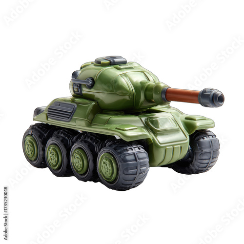 Green toy tank with eight wheels and brown cannon