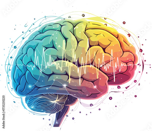 A colorful detailed brain illustration with white jagged lines running through it  abstract swirling lines