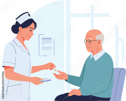 A nurse in uniform hands medicine to an elderly man seated indoors near a window and medical chart