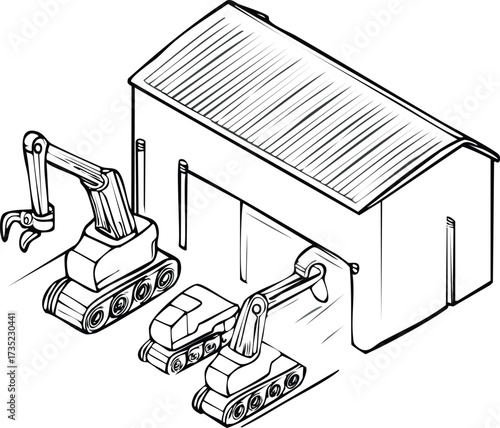 Robotic Construction Site Illustration of Excavators Operating Near a Building's Entrance