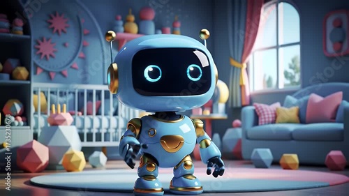 Cute Baby Blue Robot Toy in Nursery Room with Pastel Accents
