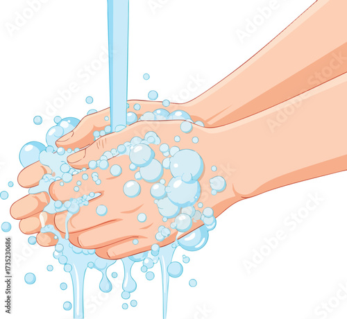 Vector hands being washed under running water with bubbles and droplets visible
