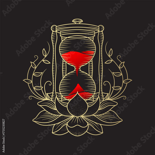 Hourglass with lotus flower and sacred geometry ornament in vintage line art style
