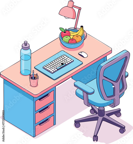 Desk with chair lamp fruit bowl keyboard water bottle drawers and writing tools