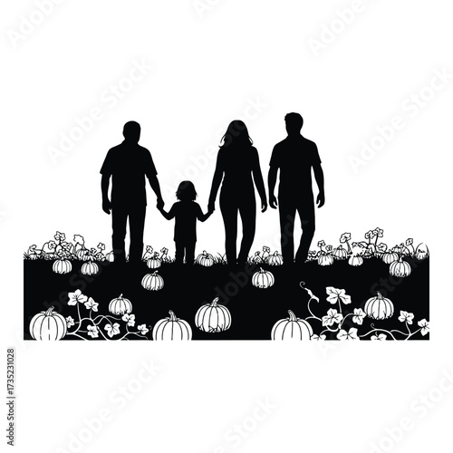 Family silhouette walking through pumpkin patch autumn scene creating cherished memories