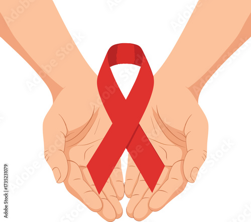 Hands cradle a red ribbon